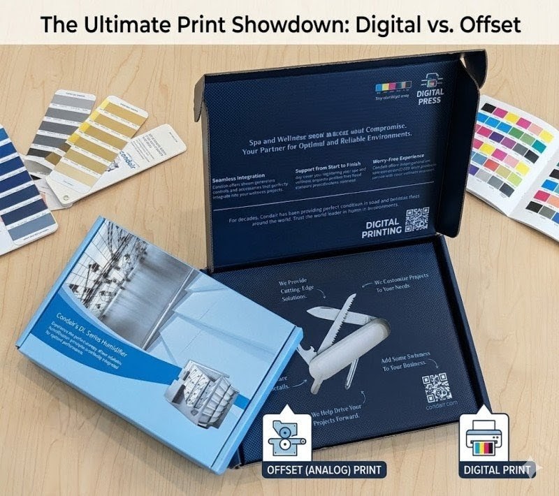 Comparison of digital and offset printed custom retail boxes in Toronto, showcasing premium finishes for Canadian brands