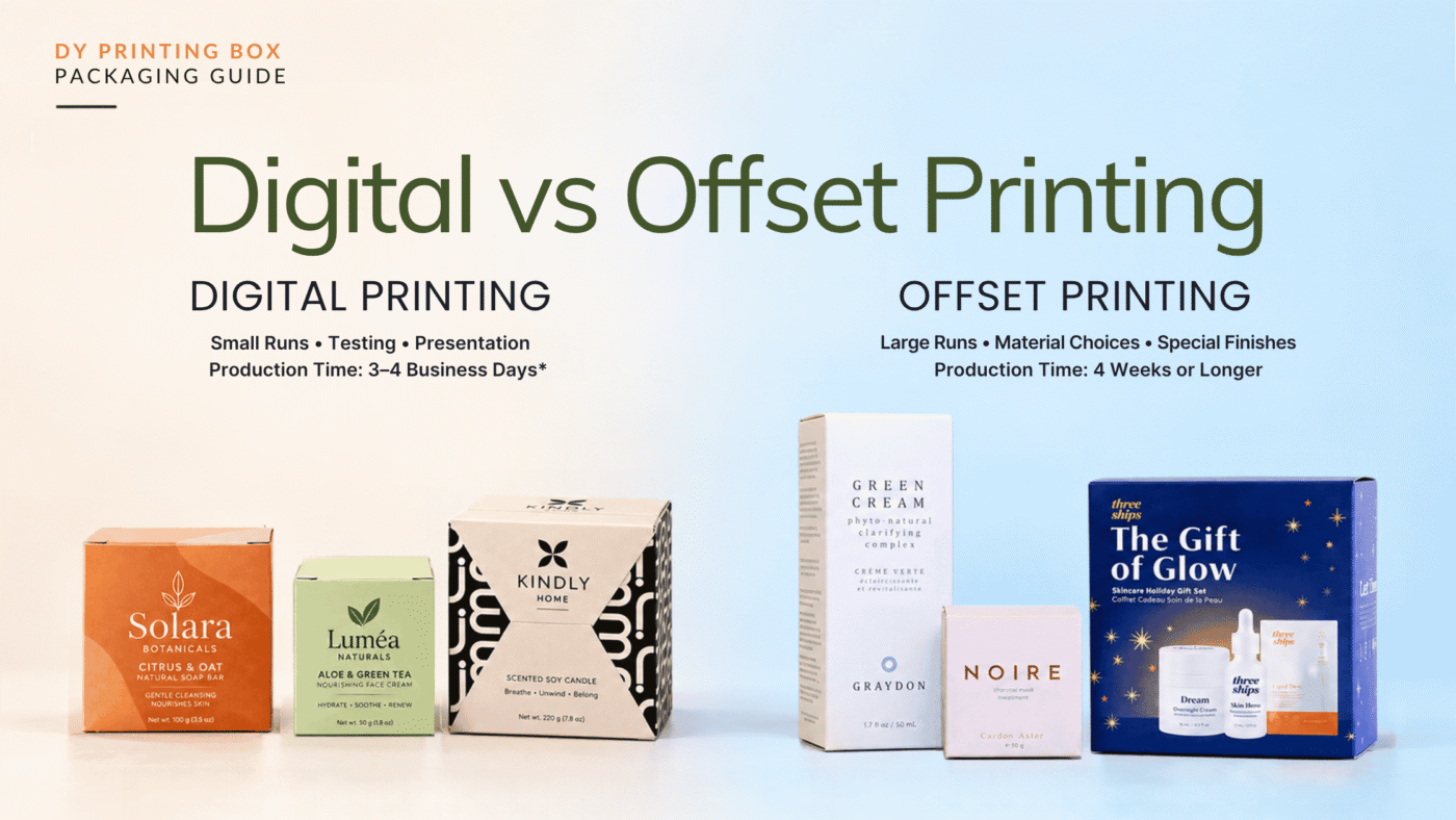 Digital vs offset printing for custom boxes, comparing small-run packaging with larger production runs